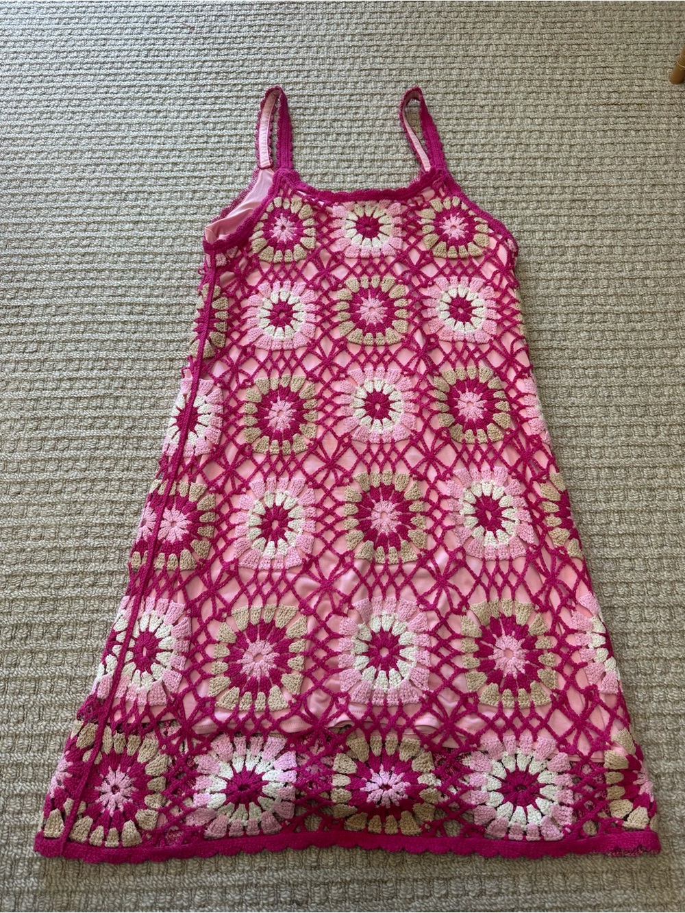 Boston Proper Floral Pink Crochet Tank Mini Dress Sz L - Picture 5 of 6